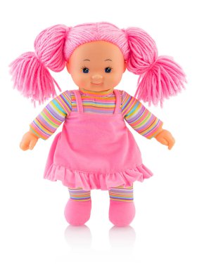 Pinky plushie bebek gölge yansıması ile beyaz arka plan üzerinde izole. Pembe saçlı güzel çağdaş bez bebek. Modern sevinçle bez bebek. Pinky bebek beyaz zemin üzerinde.