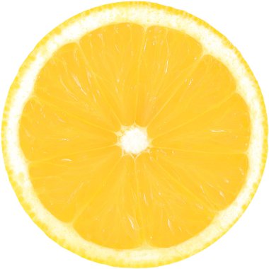 Kırpma yolu ile beyaz bir arka plan üzerinde izole limon sulu sarı dilim. Dilimlenmiş limon mükemmel çemberi. Narenciye meyve.