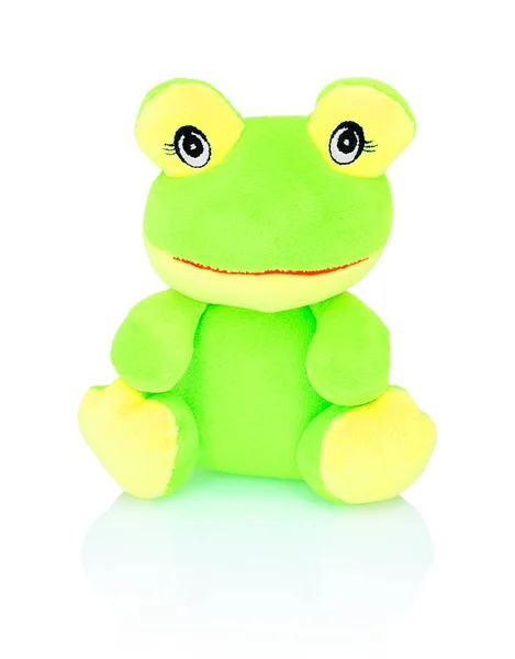 霓虹灯绿色青蛙 Plushie 玩具隔离在白色背景与阴影反射 查特鲁斯青蛙娃娃隔离在白色的衬垫上 白色背景上的毛绒填充木偶 绿色和黄色树蛙 — 图库照片