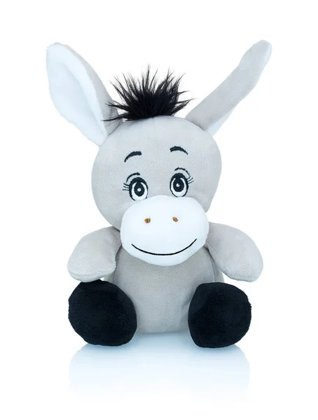 Juguete Plushie Burro Sonriente Gris Aislado Sobre Fondo Blanco Con —  Fotos de Stock