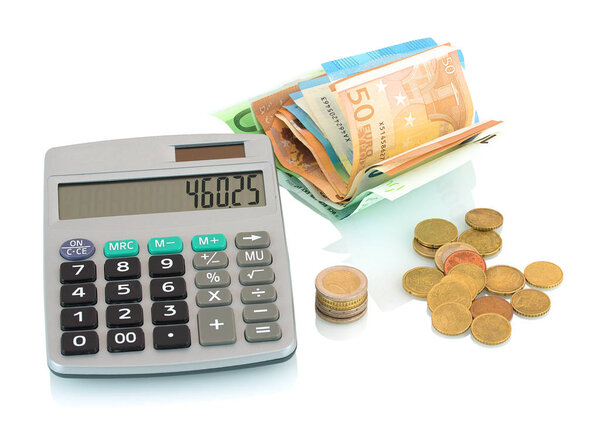 Grey calculator, Euro bills and coins isolated on white background with shadow reflection. Money concept. Financial background. EUROs and cents wallpaper.