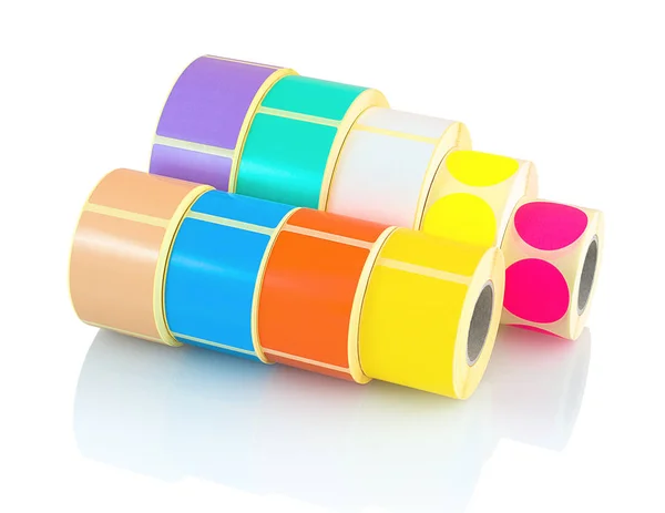 Colored label rolls isolated on white background with shadow reflection. Color reels of labels for printers. Labels for direct thermal or thermal transfer printing. Square and circle labels background