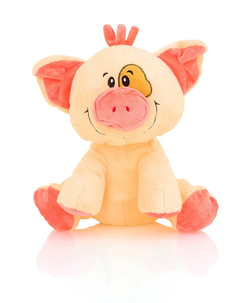 豚ぬいぐるみ人形シャドウ反射で白い背景に分離されました 白い背景に分離されたピンクの豚ぬいぐるみ人形 — ストック写真