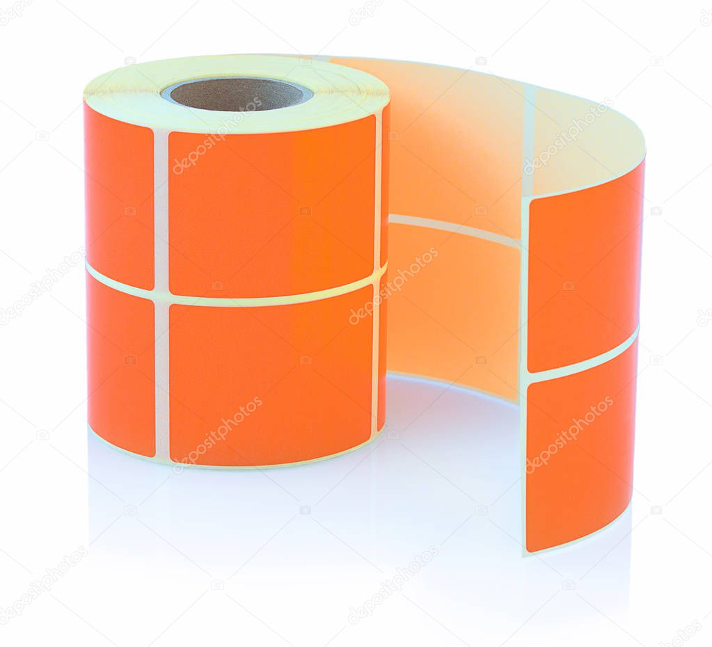 Orange label roll isolated on white background with shadow reflection. Color reel of labels for printers. Labels for direct thermal or thermal transfer printing.