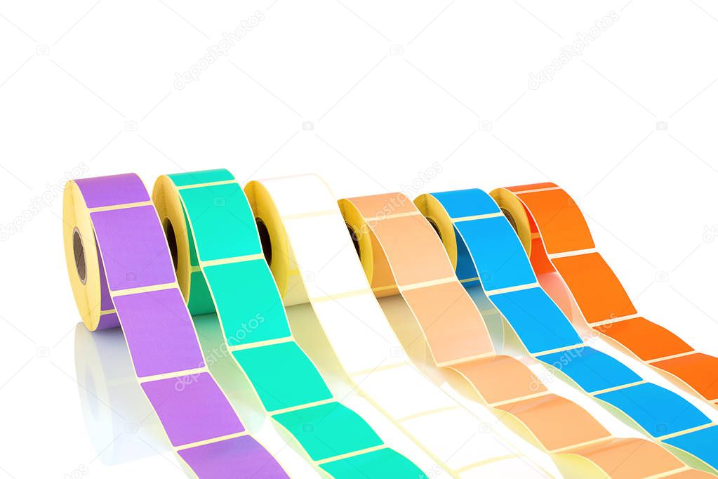 White and colored label rolls isolated on white background with shadow reflection. Color reels of labels for printers. Labels for direct thermal or thermal transfer printing.