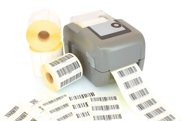 Whitelabel Rolt Gedrukte Barcodes Printer Geïsoleerd Een Witte Achtergrond Met — Stockfoto