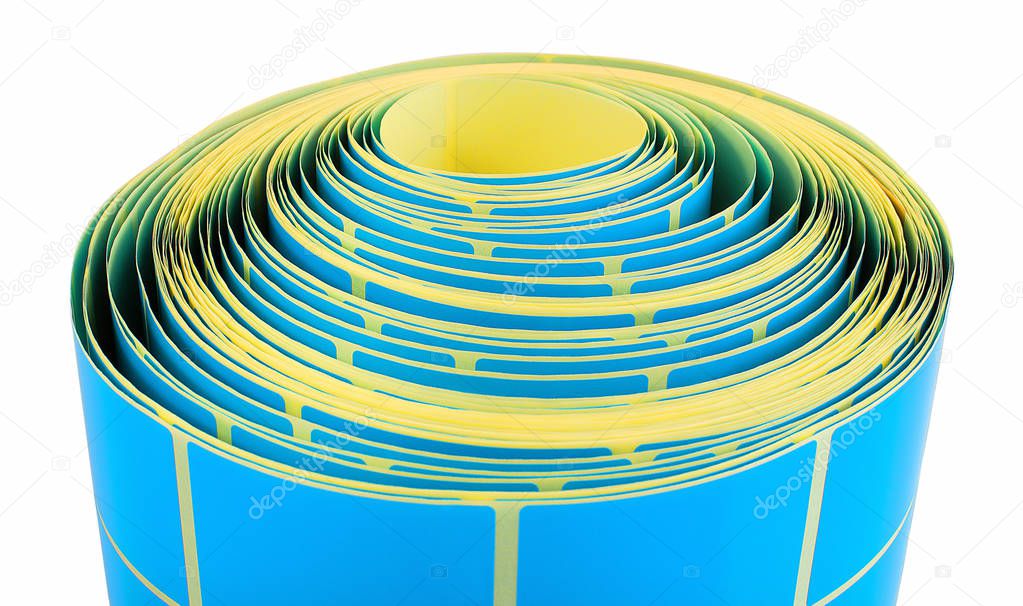 Blue label roll isolated on white background with shadow reflection. Color reel of labels for printers. Labels for direct thermal or thermal transfer printing. Blue stickers. Abstract background.