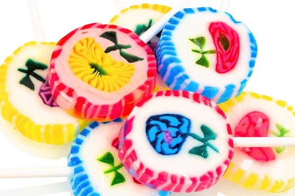 Lollipops Colorate Flori Băț Izolat Fundal Alb Reflecție Umbră — Fotografie, imagine de stoc