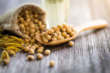 Bir tahta kaşık, kopya alanı üzerinde sağlıklı soya.