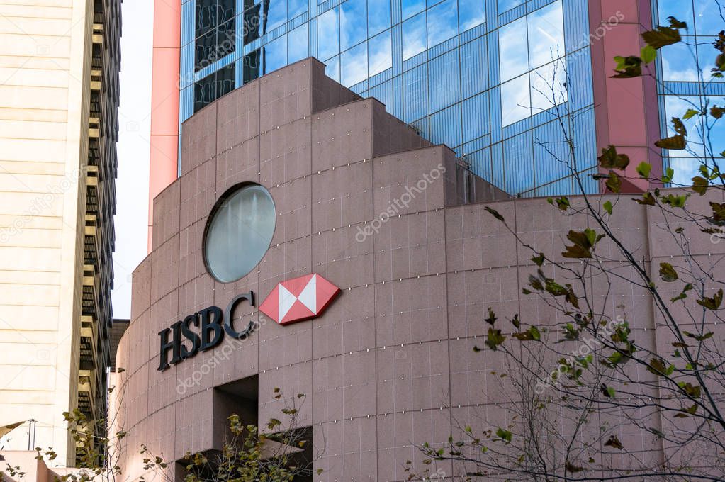 Sydney, Australia - August 4, 2013: HSBC logo on HCBS headquarters building in Sydney Central Business District