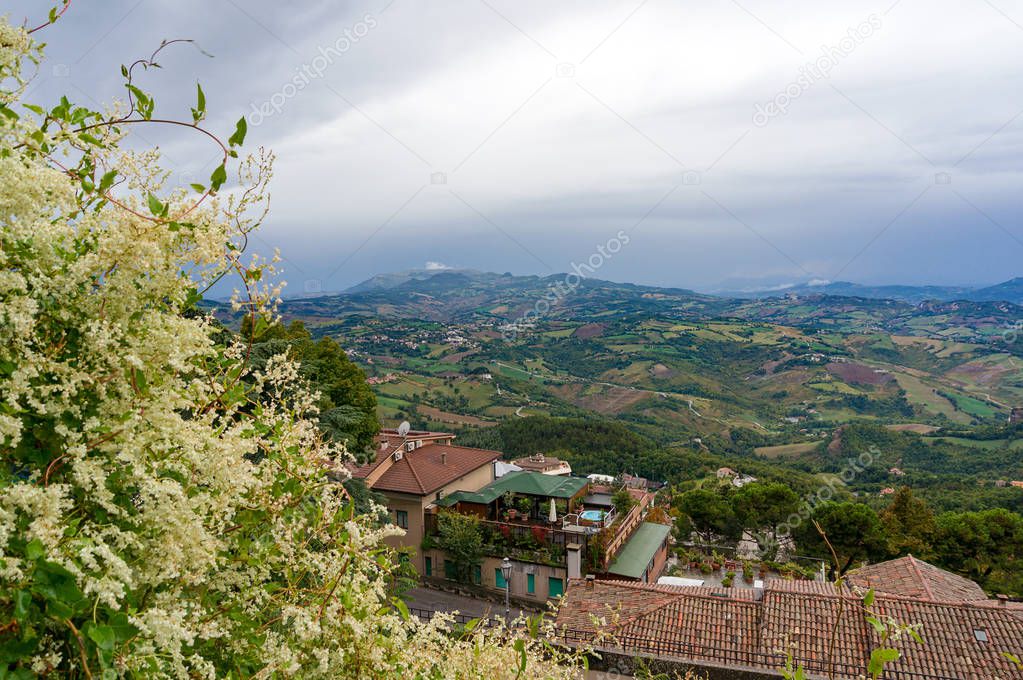 Aerial panorama of European countryside. Emilia Romagna, Italy