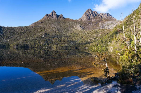 Malownicze Górskie Krajobrazy Cradle Mountain Doskonałą Refleksją Płynnej Wodzie Jeziora — Zdjęcie stockowe