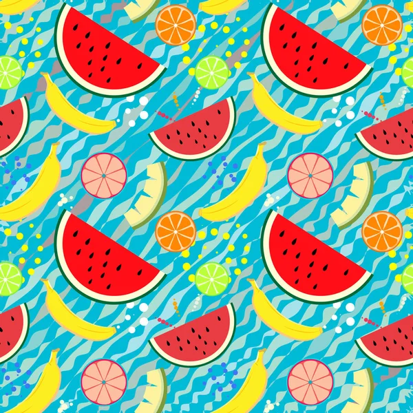 Patrón vectorial sin costuras de frutas de verano con trozos de sandía, plátanos y cítricos — Archivo Imágenes Vectoriales