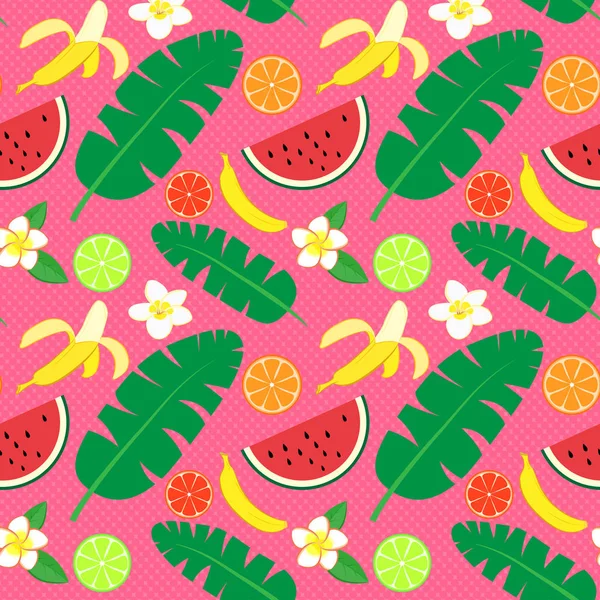 Patrón vectorial sin costura tropical con frutas y piezas de sandía — Vector de stock