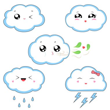 Kawaii hava sevimli karakterler beyaz arka plan izole