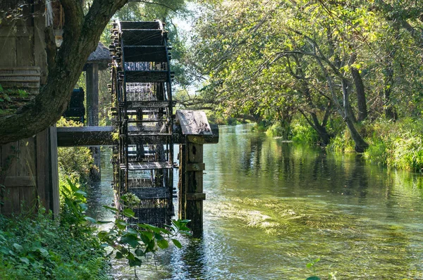 Water wheel mill on river with green trees on the background — Stock Photo, Image