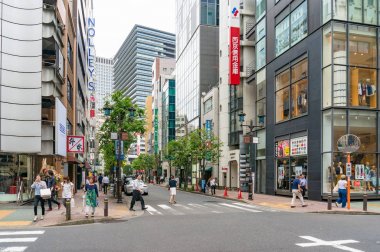 Ginza banliyösünde insanlar ve trafik ile karayolu geçişi, Tokyo