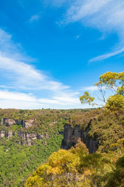 Paisagem pitoresca de vasta floresta de eucalipto e montanhas sob céu espetacular. Blue Mountains, Austrália — Fotografia de Stock