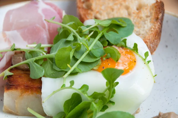 Café da manhã de ovo com gema de ovo escorregadia em torrada de massa de fonte com bacon, pancetta — Fotografia de Stock