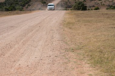 Beyaz araç mühürsüz sürüş, toz bulutları ile toprak yol
