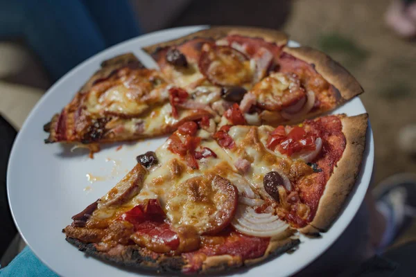 Prato branco com fatias de pizza. Pizza de salame e queijo com crosta — Fotografia de Stock