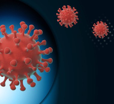 Coronavirus hücreleri tıbbi poster şablonu fotokopi alanı ile. Covid-19 virüs modern arka plan. 3B illüstrasyon 