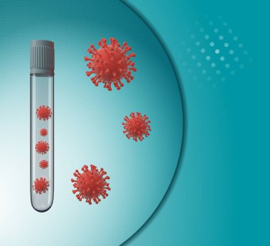 Kırmızı virüslü cam şişedeki Coronavirus hücreleri tıbbi poster şablonu. Covid-19 virüs modern arka plan. 3B illüstrasyon 