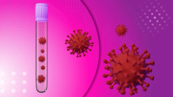 Coronavirus in glass vial with red viruses medical poster template. Covid-19 virus background