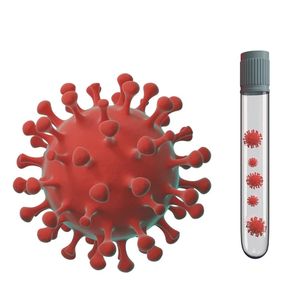 Rød Sars Viruscelle Med Glas Medicinsk Hætteglas Med Små Vira - Stock-foto # 
