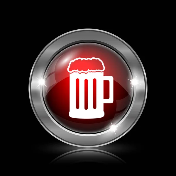 Ícone Cerveja Botão Internet Metálica Fundo Preto — Fotografia de Stock