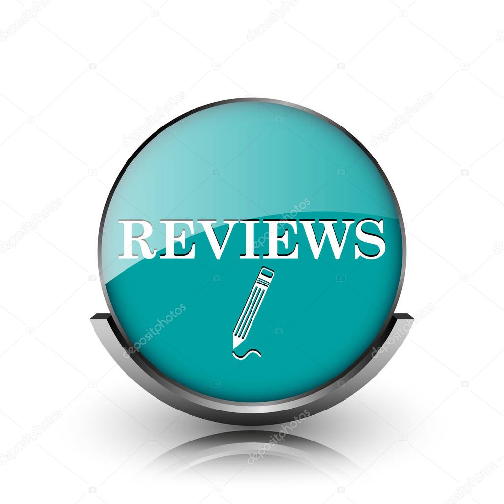 Reviews icon. Metallic internet button on white background