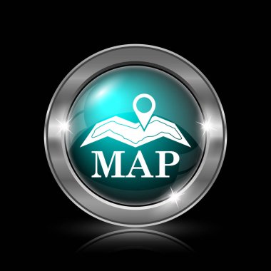Harita simgesi. Siyah arka plan üzerine metalik Internet düğmesi
