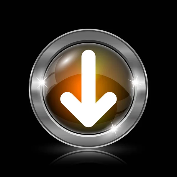 Icono Flecha Abajo Botón Metálico Internet Sobre Fondo Negro — Foto de Stock