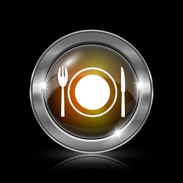 レストランのアイコン 黒い背景に金属製のインター ネット ボタン — ストック写真