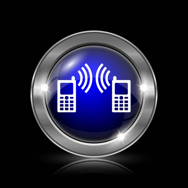 Ícone Comunicação Botão Internet Metálica Fundo Preto — Fotografia de Stock