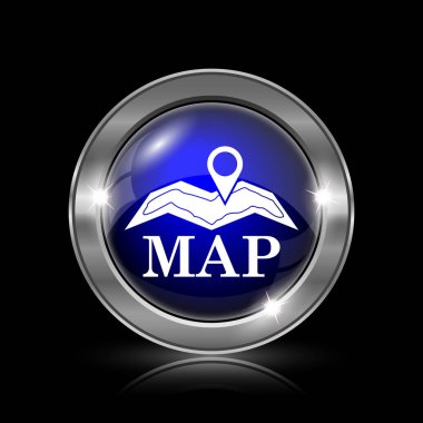 Harita simgesi. Siyah arka plan üzerine metalik Internet düğmesi