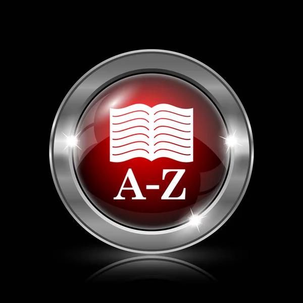 A-Z book icon. Metallic internet button on black background