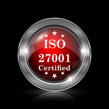 ISO 27001 simgesi. Siyah arka plan üzerine metalik Internet düğmesi