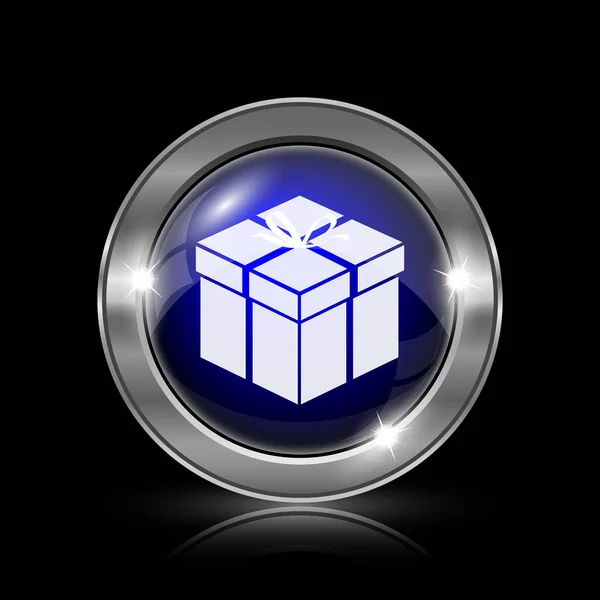 Gift icon. Metallic internet button on black background