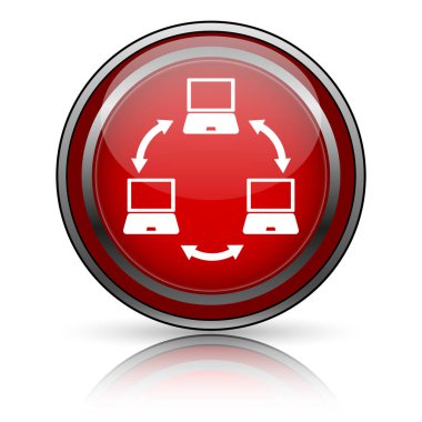 Beyaz zemin üzerine kırmızı parlak simge. Internet düğmesi.