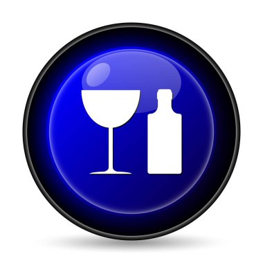 Şişe ve cam kutsal kişilerin resmi. Beyaz arka plan üzerinde Internet düğmesi