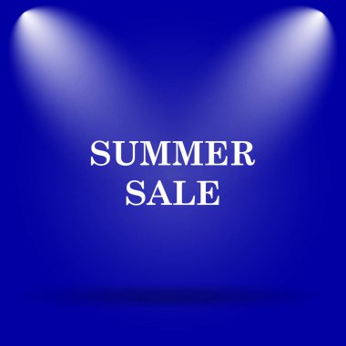 Yaz satış simgesi. Mavi arka plan üzerinde düz simgesi