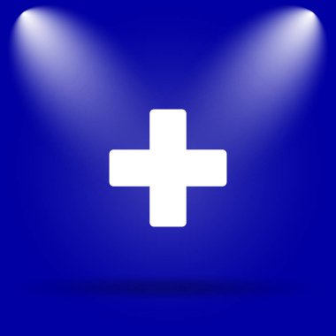 Tıbbi çapraz simgesi. Mavi arka plan üzerinde düz simgesi