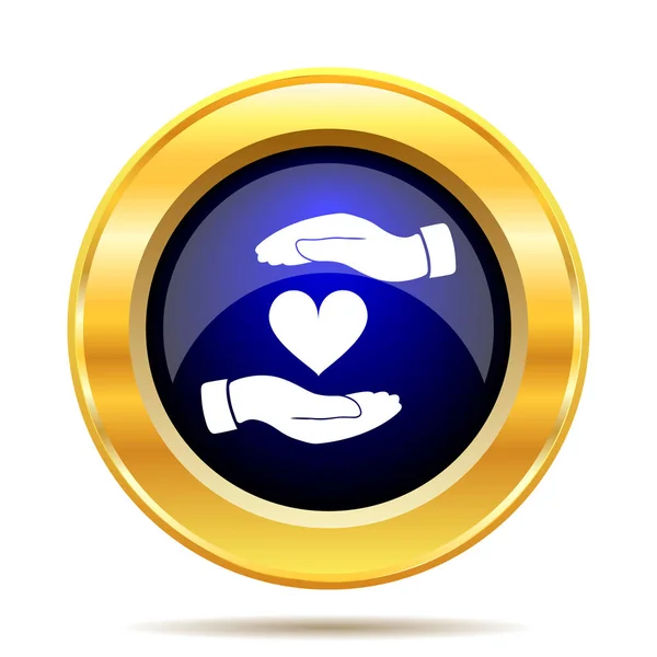 Hands holding heart icon. Internet button on white background