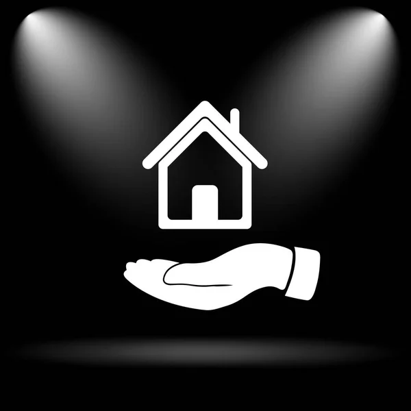 Hand Holding House Internet Button Black Background — Stock Photo, Image