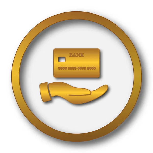 クレジット カードのアイコンを持っている手 白い背景の上のインター ネット ボタン — ストック写真