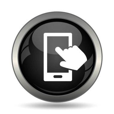 Smartphone ile el simgesi. Beyaz arka plan üzerinde Internet düğmesi.