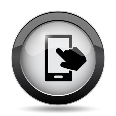 Smartphone ile el simgesi. Beyaz arka plan üzerinde Internet düğmesi