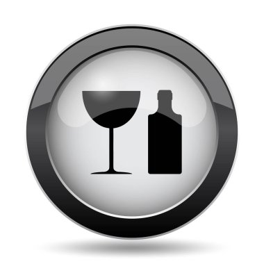 Şişe ve cam kutsal kişilerin resmi. Beyaz arka plan üzerinde Internet düğmesi