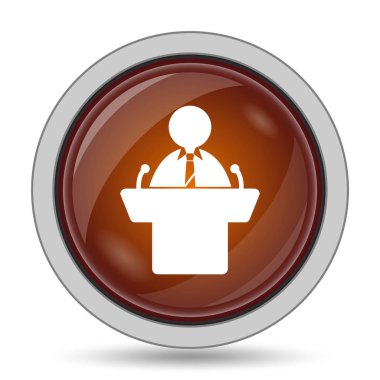 Beyaz arka plan üzerinde hoparlör simgesi, turuncu web sitesi düğmesini